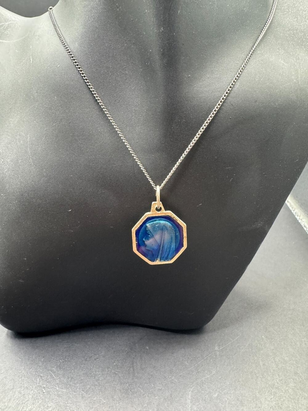 Vintage Lourdes Mary Blue Enamel With Water Bubble Pendant Necklace France